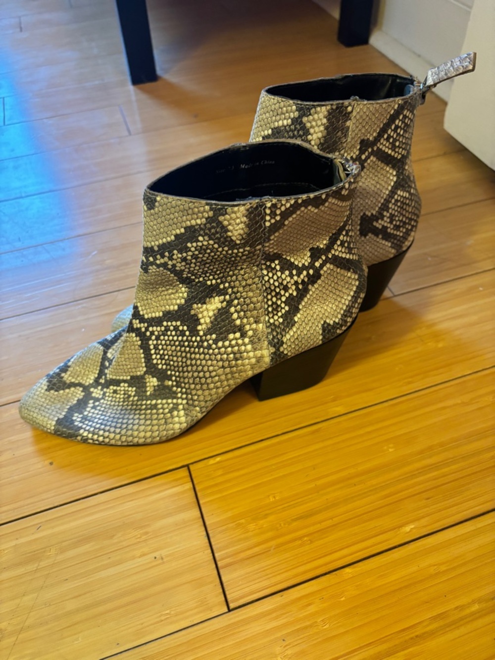 Snake-Print Ankle Boots in Gray and Cream